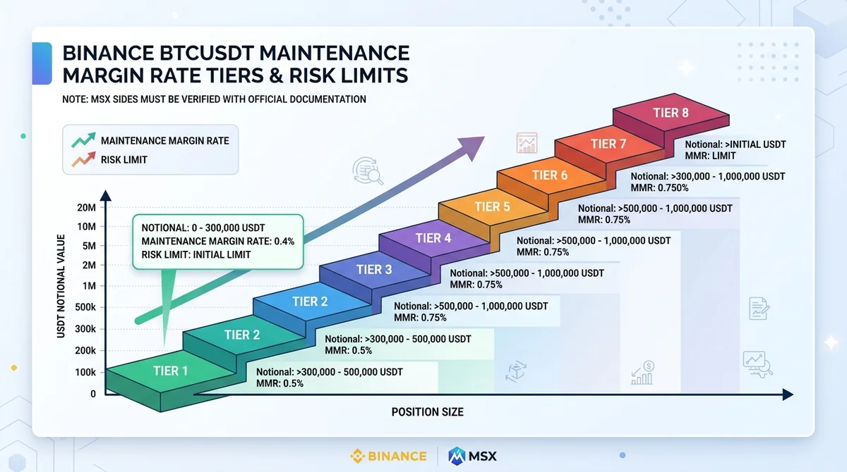 Binance BTCUSDT 维持保证金率阶梯图：展示第一档（名义 0-30万 USDT）维持保证金率 0.4%，并示意风险限额随仓位调整的阶梯；MSX 一侧标注'以官方文档为准'