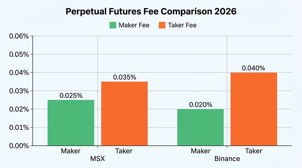 Wide 16:9 horizontal grouped bar chart, comparing MSX and Binance perpetual futures fees, bars labeled Maker and Taker for ea