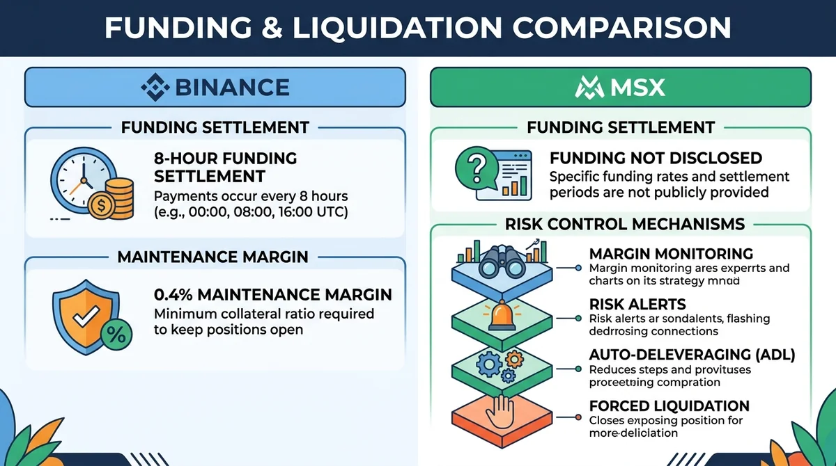 Wide 16:9 horizontal infographic, two columns comparing MSX and Binance, left column Binance with 8-hour funding settlement a