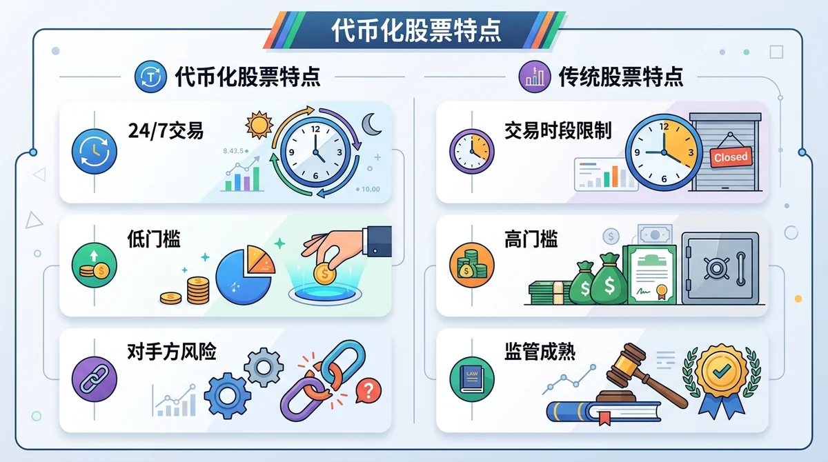 代币化股票与传统股票特征对比图，左侧列出代币化股票特点（24/7交易、低门槛、对手方风险），右侧列出传统股票特点（交易时段限制、高门槛、监管成熟）