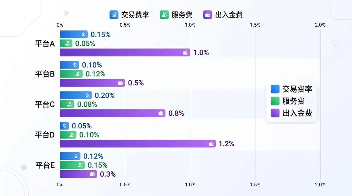 2026年提供TSMC代币化股票的主要平台费率横向柱状图，对比交易费率、服务费、出入金费，标注具体百分比
