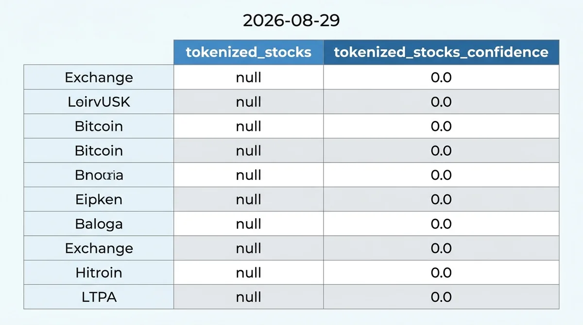 Clean comparison table with 9 rows of exchanges and columns for tokenized_stocks and tokenized_stocks_confidence, each row sh