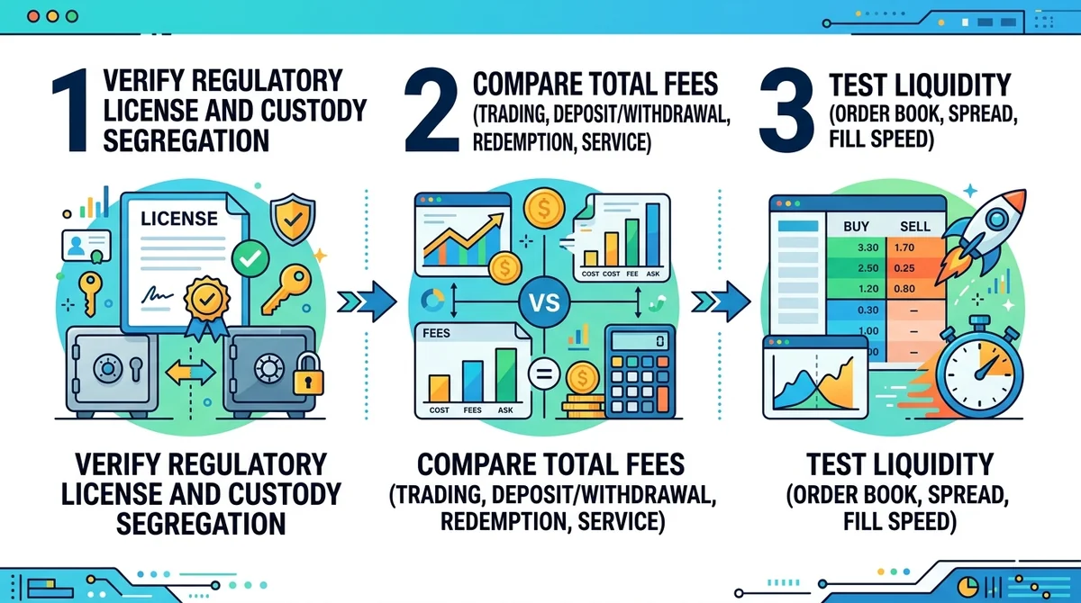 Wide 16:9 horizontal infographic with three numbered steps: 1 Verify regulatory license and custody segregation, 2 Compare to