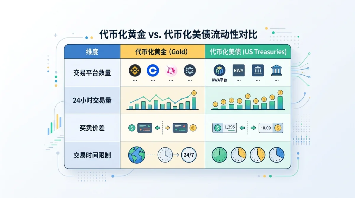 代币化黄金与代币化美债流动性对比表格：交易平台数量、24小时交易量、买卖价差、交易时间限制四个维度