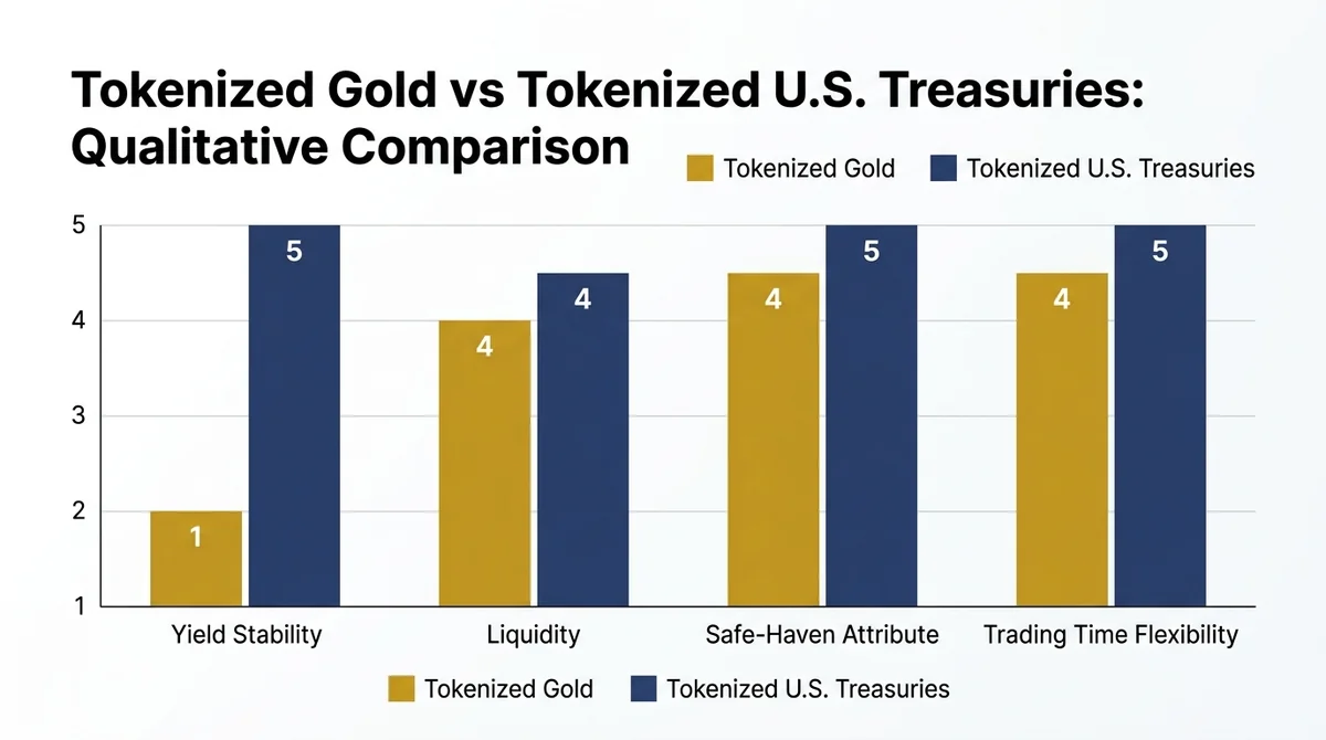 Wide 16:9 horizontal bar chart, title 'Tokenized Gold vs Tokenized U.S. Treasuries: Qualitative Comparison' in bold English,