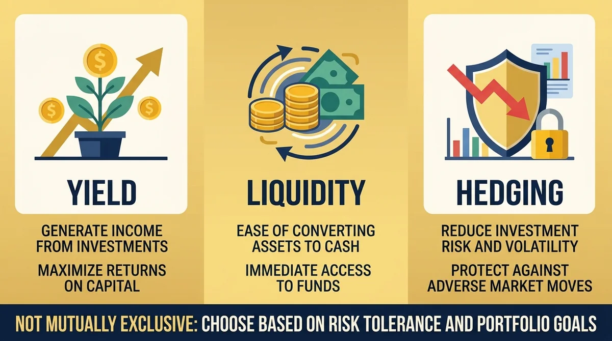 Wide 16:9 horizontal infographic, three panels left to right: Yield, Liquidity, Hedging. Each panel has an icon and bold Engl