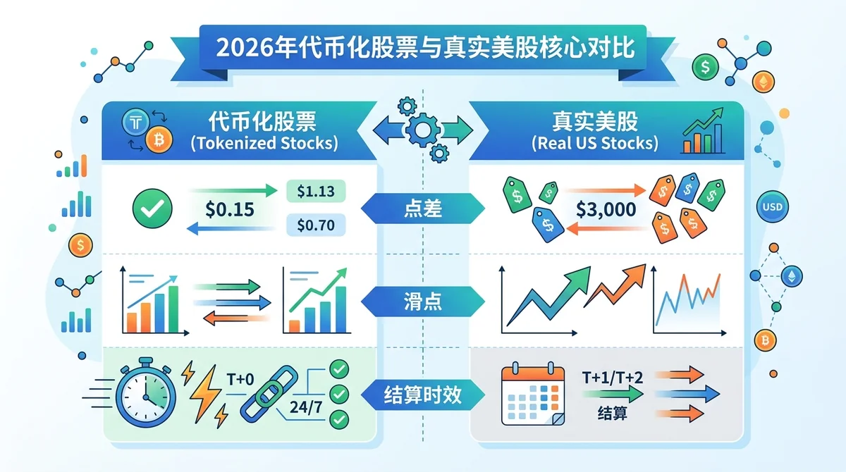 美股代币化股票 vs 真实美股 2026：点差、滑点与结算时效对比