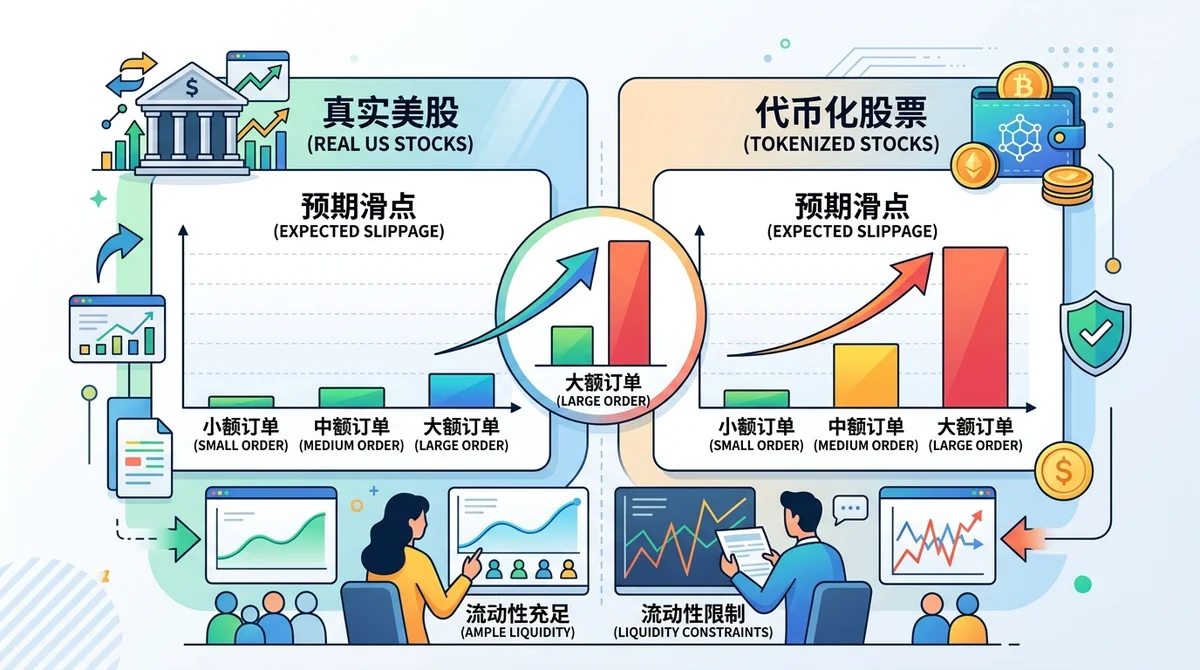 滑点对比图,展示代币化股票与真实美股在不同订单规模下的预期滑点,强调流动性差异对大额订单的影响