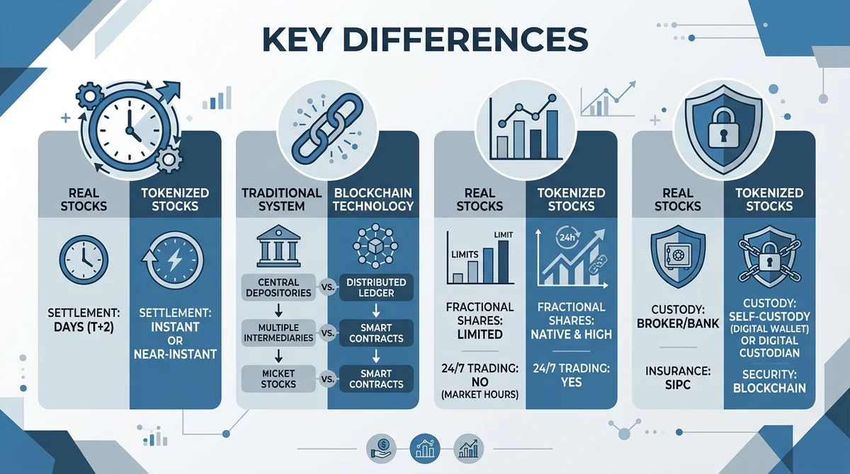 Wide 16:9 horizontal infographic, four quadrants comparing tokenized and real U.S. stocks, icons for clock, chain, chart, and