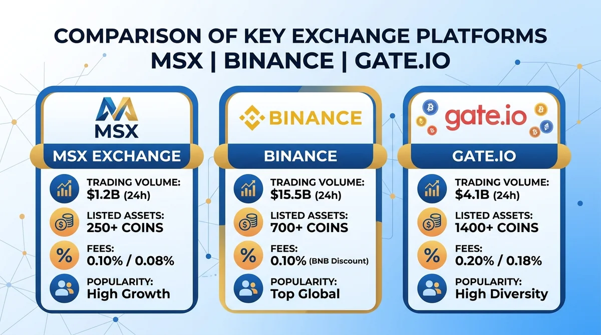 MSX vs Binance vs Gate.io Spot Trading In-Depth Comparison 2026: Trading Pair Coverage, Liquidity, and Spread Tested