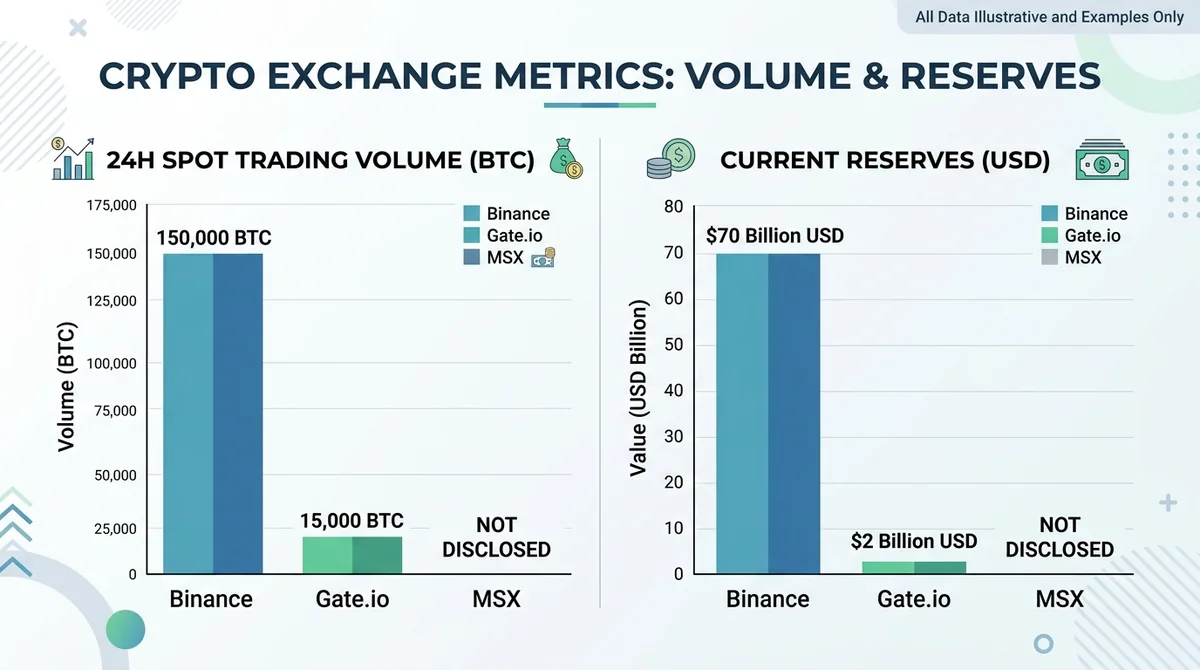 Wide 16:9 horizontal infographic with two bar charts side by side, left chart 24h spot volume in BTC, right chart current res