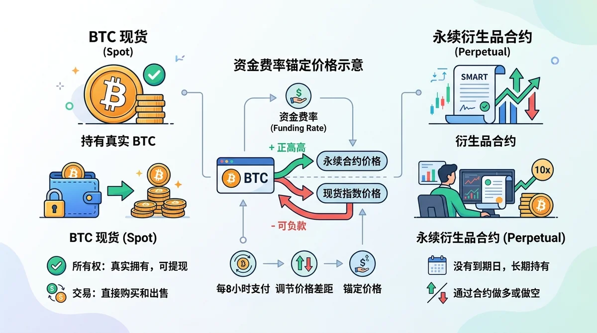 BTC 现货与永续核心区别信息图:左边现货持有真实 BTC,右边永续衍生品合约,中间资金费率锚定价格示意。