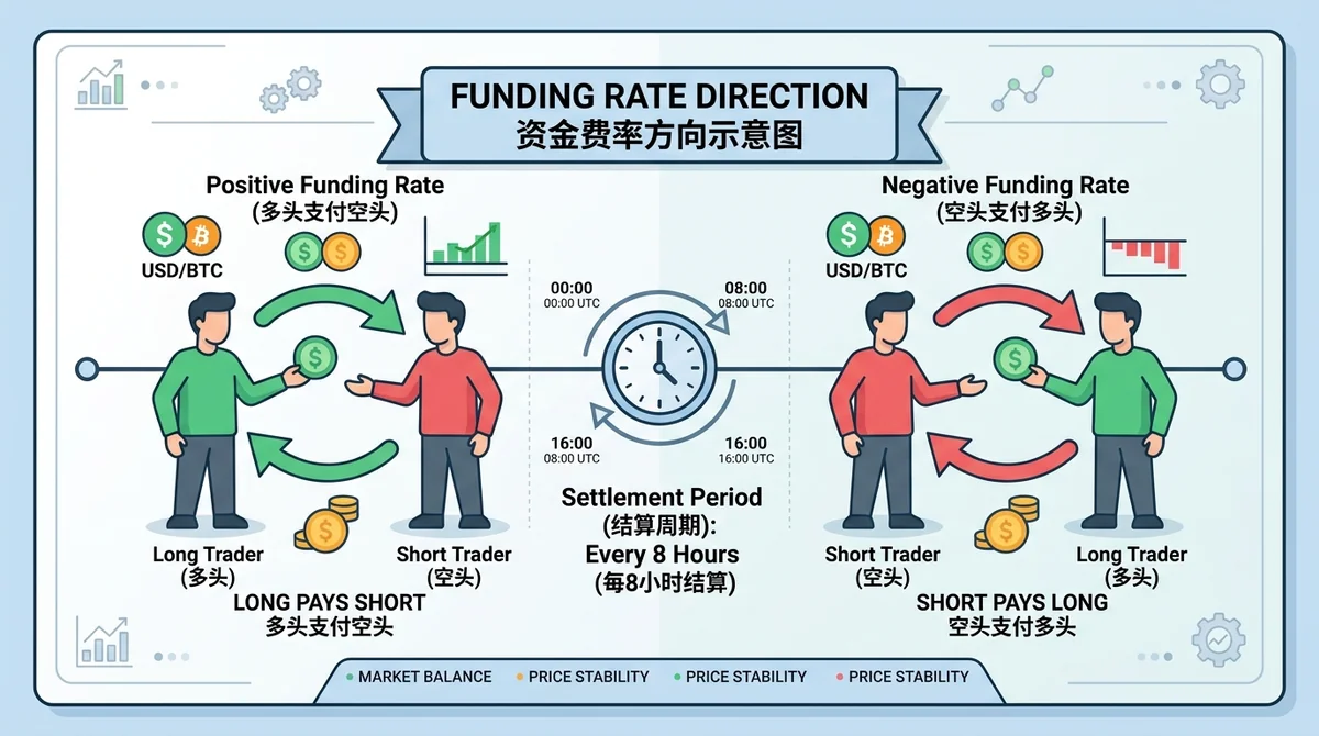 资金费率方向示意图:多头支付空头/空头支付多头的双向箭头,标注结算周期。