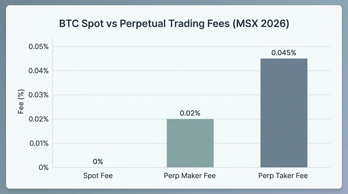 Wide 16:9 horizontal bar chart, three vertical bars labeled in English 'Spot Fee', 'Perp Maker Fee', 'Perp Taker Fee', corres