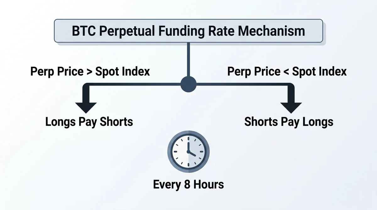 Wide 16:9 horizontal infographic diagram, two branching arrows from center, left branch labeled in English 'Perp Price > Spot